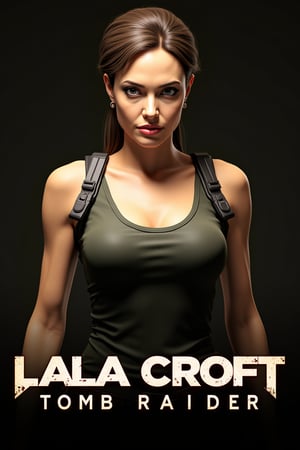 Photorealistic HDR ultra-high resolution image of the upper body of Lara Croft from Tomb Raider, wearing a sleeveless shirt with two pistols and gun holders on both sides of her waist. Her highly detailed face is the focal point, with LALA CROFT TOMB RAIDER written in bold, stylish, and mean font at the bottom of the poster.