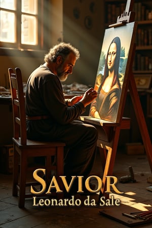 A photorealistic photograph of Leonardo da Vinci crouching in a worn wooden chair in his studio, painstakingly painting the enigmatic smile of the Mona Lisa. Soft golden light streams in from a nearby window, casting a warm glow on the artist's hands as he delicately holds his brush. The subject's eyes are cast downwards, focused on his work, while the surrounding room is littered with unfinished sketches and scattered art supplies. The front bottom of the poster reads Savior for Sale in a bold, stylish font. Beneath that, in a slightly smaller font, it reads Leonardo da Vinci. HDR, Ultra-High Resolution, Photorealistic.