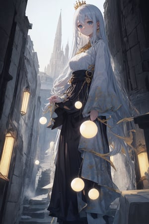 A regal beauty stands majestically in an 8K fantasy landscape, surrounded by swirling mist and towering trees. Her long, curly hair flows like a river of gold, framing her porcelain doll-like features. The subject's piercing blue eyes sparkle with an inner light, as she gazes out at the viewer from beneath a regal crown. In the background, a sweeping cityscape rises like a mythic metropolis, its architecture a blend of ancient and modern, bathed in the soft, ethereal glow of luminescent orbs.