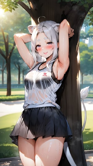 ((1girl)), eyes,round ears,lion ear,lion tail,pink lips,white hair,white tail,white ears, parted side bangs,ahoge,show forehead, long hair ,masterpiece quality,white eyebrows,Thick eyebrows,smile

,,,white sport vest,black skirt,Wearing sport vest ,wearing skirt,black skirt ,
large sweaty ,smile,Safety knickers,

 ,

park background,pucker lips , long shot,Safety knickers
sunny,standing ,shy ,blush,sun,tree ,hide human ears,
visible black sport bra,

,raise aside army,show armpit,cowboy-shot
