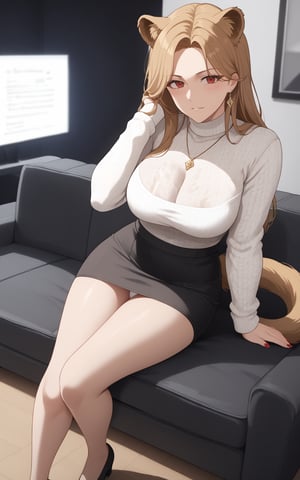 1girl, solo, long hair, looking at viewer, bangs, blond hair, red eyes, jewelry, closed mouth, earrings, mole, animal ear fuzz, parted bangs, mole under eye, portrait , forehead,Breasts, skirt, big boobs, brown hair, long sleeves, cleavage, jewelry, collarbone, black skirt, necklace, sweater, sleeves above wrist, high waisted skirt, brown skirt,white sweater,skirt, long sleeves, tail, pantyhose, miniskirt, black skirt, nail polish, black footwear, legs, black pantyhose, black background, red nails, pencil skirt, lion tail,full body ,round lion ears,

office,see-through,hand between legs,M-leg,,sitting on sofa,black bra, white underwear, blush ,tried,fluid liquid from thighs