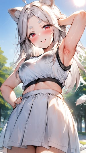 ((1girl)), red eyes,round ears,lion ear,lion tail,pink lips,white hair,white tail,white ears, parted side bangs,ahoge,show forehead, long hair ,masterpiece quality,white eyebrows,Thick eyebrows,smile

,,,white sport vest,white skirt,Wearing sport vest ,wearing skirt, ,
large sweaty ,smile,

 ,

park background,pucker lips , long shot,
sunny,standing ,shy ,blush,sun,tree ,visible black sport bra,visible black lace,

,raise aside army,show armpit,cowboy shot,from below
,Put hand on hips,hair covering ears,