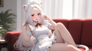 Prompt: ((1girl)), red eyes,round ears,lion ear,lion tail,pink lips,white hair,white tail,white ears, (parted side bangs),ahoge,(show forehead), long hair , ,(hair covering ears), masterpiece quality, Wearing white maid uniform, show shoulders, sitting on sofa,raise one's leg, livingroom background, 