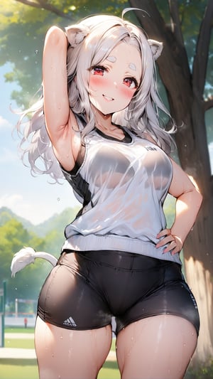 ((1girl)), red eyes,round ears,lion ear,lion tail,pink lips,white hair,white tail,white ears, parted side bangs,ahoge,show forehead, long hair ,masterpiece quality,white eyebrows,Thick eyebrows,smile

,,,white sport vest,black skirt,Wearing sport vest ,wearing skirt,black skirt ,
large sweaty ,smile,Safety knickers,

 ,

park background,pucker lips , long shot,Safety knickers
sunny,standing ,shy ,blush,sun,tree ,hide human ears,visible black sport bra,leggings shorts

,raise aside army,show armpit,cowboy-shot
Put hand on hips