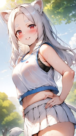 ((1girl)), red eyes,round ears,lion ear,lion tail,pink lips,white hair,white tail,white ears, parted side bangs,ahoge,show forehead, long hair ,masterpiece quality,white eyebrows,Thick eyebrows,smile

,,,white sport vest,white skirt,Wearing sport vest ,wearing skirt, ,
large sweaty ,smile,

 ,

park background,pucker lips , long shot,
sunny,standing ,shy ,blush,sun,tree ,hide human ears,visible black sport bra,visible black lace,

,raise aside army,show armpit,cowboy shot,from below
,Put hand on hips