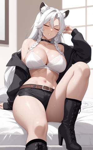 1girl, solo, long hair, looking at the audience, bangs, red eyes, bare shoulders, collarbone, upper body, braids, ahoge,sliver white hair, parted lips, collar, choker, animal ear hair, parted bangs, single Braids, black choker, thick eyebrows, black collar, white eyebrows, long hair, big breasts, big breasts, exposed navel, cleavage,
Long socks, long sleeves, midriff exposed, extra long hair, underwear, briefs, jacket, tail, thighs, boots, cardigan, shorts, mid-rise, belt, black high socks, tummy control, black footwear, High heels, cardigan, black jacket, crop top, shorts, boots, high socks, garters, black shorts, knee-high boots, single high socks, high heel boots, high briefs, stockings, Leopard print shoulders, long hair, collarbone, braids, white hair, cardigan, off the shoulders, belly, coat, fur trim, cardigan, black coat, round lion ears,white bra


bedroom,hand between legs,,, eyes closed,
full body sweaty,blush, puzzled, Incontinence