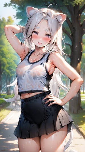 ((1girl)), eyes,round ears,lion ear,lion tail,pink lips,white hair,white tail,white ears, parted side bangs,ahoge,show forehead, long hair ,masterpiece quality,white eyebrows,Thick eyebrows,smile

,,,white sport vest,black skirt,Wearing sport vest ,wearing skirt,black skirt ,
large sweaty ,smile,Safety knickers,

 ,

park background,pucker lips , long shot,Safety knickers
sunny,standing ,shy ,blush,sun,tree ,hide human ears,
visible black sport bra,

,raise aside army,show armpit,cowboy-shot
