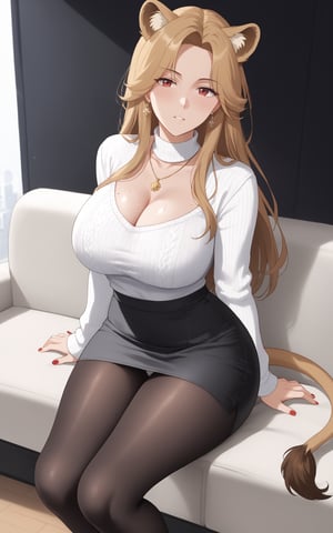 1girl, solo, long hair, looking at viewer, bangs, blond hair, red eyes, jewelry, closed mouth, earrings, mole, animal ear fuzz, parted bangs, mole under eye, portrait , forehead,Breasts, skirt, big boobs, brown hair, long sleeves, cleavage, jewelry, collarbone, black skirt, necklace, sweater, sleeves above wrist, high waisted skirt, brown skirt,white sweater,skirt, long sleeves, tail, pantyhose, miniskirt, black skirt, nail polish, black footwear, legs, black pantyhose, black background, red nails, pencil skirt, lion tail,full body ,round lion ears,

office,see-through,hand between legs,M-leg,,sitting on sofa,black bra, white underwear, blush ,tried,
effluence liquid from legs,sweat profusely,hands on own chest,,closed eyes, Open mouth, 