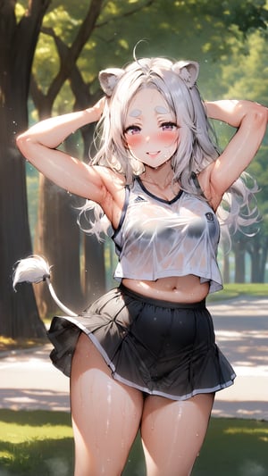 ((1girl)), eyes,round ears,lion ear,lion tail,pink lips,white hair,white tail,white ears, parted side bangs,ahoge,show forehead, long hair ,masterpiece quality,white eyebrows,Thick eyebrows,smile

,,,white sport vest,black skirt,Wearing sport vest ,wearing skirt,black skirt ,
large sweaty ,smile,Safety knickers,

 ,

park background,pucker lips , long shot,Safety knickers
sunny,standing ,shy ,blush,sun,tree ,hide human ears,
visible black sport bra,

,raise a army,show armpit,cowboy-shot
