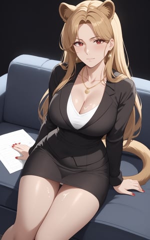 1girl, solo, long hair, looking at viewer, bangs, blond hair, red eyes, jewelry, closed mouth, earrings, mole, animal ear fuzz, parted bangs, mole under eye, portrait , forehead,Breasts, skirt, big boobs, brown hair, long sleeves, cleavage, jewelry, collarbone, black skirt, necklace, sweater, sleeves above wrist, high waisted skirt, brown skirt,white sweater,skirt, long sleeves, tail, pantyhose, miniskirt, black skirt, nail polish, black footwear, legs, black pantyhose, black background, red nails, pencil skirt, lion tail,full body ,round lion ears,

office,see-through,hand between legs,M-leg,,sitting on sofa,black bra, white underwear, blush ,tried,fluid liquid from thighs