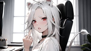 ((1girl)),red eyes,round ears,lion ear,lion tail,pink lips,white hair,white tail,white ears, parted side bangs,ahoge,show forehead, long hair ,masterpiece quality,black neck belt,white eyebrows,Thick eyebrows,
,white ponytail,,white shirt,black skirt,show shoulder,Wearing shirt,wearing skirt,

in a bad mood , middle finger,make fist ,straighten middle finger,looking viewer,close-up,black nails

bedroom ,window background,Disdainful lips , upper body,Disdainful mouth,Show teeth,mouth corner open, 
sitting on office chair,grim expression,squint eyes,

Eyes narrowed likes lines
