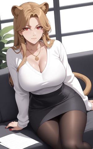 1girl, solo, long hair, looking at viewer, bangs, blond hair, red eyes, jewelry, closed mouth, earrings, mole, animal ear fuzz, parted bangs, mole under eye, portrait , forehead,Breasts, skirt, big boobs, brown hair, long sleeves, cleavage, jewelry, collarbone, black skirt, necklace, sweater, sleeves above wrist, high waisted skirt, brown skirt,white sweater,skirt, long sleeves, tail, pantyhose, miniskirt, black skirt, nail polish, black footwear, legs, black pantyhose, black background, red nails, pencil skirt, lion tail,full body ,round lion ears,

office,see-through,hand between legs,M-leg,,sitting on sofa