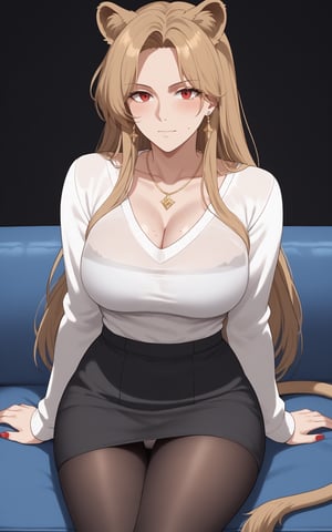 1girl, solo, long hair, looking at viewer, bangs, blond hair, red eyes, jewelry, closed mouth, earrings, mole, animal ear fuzz, parted bangs, mole under eye, portrait , forehead,Breasts, skirt, big boobs, brown hair, long sleeves, cleavage, jewelry, collarbone, black skirt, necklace, sweater, sleeves above wrist, high waisted skirt, brown skirt,white sweater,skirt, long sleeves, tail, pantyhose, miniskirt, black skirt, nail polish, black footwear, legs, black pantyhose, black background, red nails, pencil skirt, lion tail,full body ,round lion ears,

office,see-through,hand between legs,M-leg,,sitting on sofa,black bra, white underwear, blush ,tried,
effluence liquid from legs,sweat profusely,hand between legs,