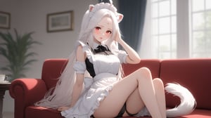 Prompt: ((1girl)), red eyes,round ears,lion ear,lion tail,pink lips,white hair,white tail,white ears, (parted side bangs),ahoge,(show forehead), long hair , ,(hair covering ears), masterpiece quality, Wearing white maid uniform, show shoulders, sitting on sofa,raise one's leg, livingroom background, wearing safety knickers, black safety knickers,