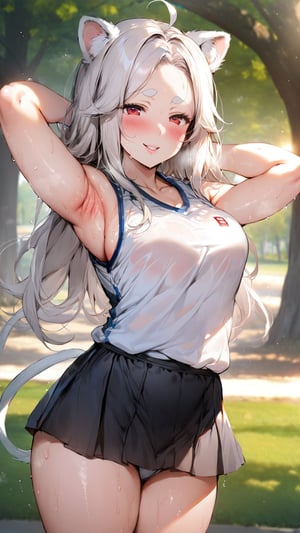 ((1girl)), red eyes,round ears,lion ear,lion tail,pink lips,white hair,white tail,white ears, parted side bangs,ahoge,show forehead, long hair ,masterpiece quality,white eyebrows,Thick eyebrows,smile

,,,white sport vest,black skirt,Wearing sport vest ,wearing skirt,black skirt ,
large sweaty ,smile,Safety knickers,

 ,

park background,pucker lips , long shot,Safety knickers
sunny,standing ,shy ,blush,sun,tree ,hide human ears,


,raise aside army,show armpit,cowboy-shot
Put hand on hips