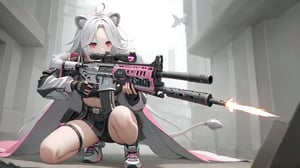 ((1girl)), round ears,lion ear,lion tail,pink lips,white hair,(white tail),white ears, (parted side bangs),ahoge,(show forehead), long hair , thick eyebrows,white eyebrows,)((hair covering ears)), masterpiece quality,blush,,pink lips,(red eyes),valkfl0t3ch,assault rifle,medium full body,(((one leg kneel))),,Squat