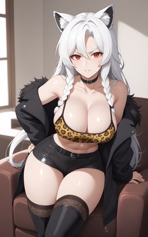 1girl, solo, long hair, looking at the audience, bangs, red eyes, bare shoulders, collarbone, upper body, braids, ahoge,sliver white hair, parted lips, collar, choker, animal ear hair, parted bangs, single Braids, black choker, thick eyebrows, black collar, white eyebrows, long hair, big breasts, big breasts, exposed navel, cleavage,
Long socks, long sleeves, midriff exposed, extra long hair, underwear, sitting on chair, briefs, jacket, tail, thighs, boots, cardigan, shorts, mid-rise, belt, black high socks, tummy control, black footwear, High heels, cardigan, black jacket, crop top, hands on hips, shorts, boots, high socks, garters, black shorts, knee-high boots, single high socks, high heel boots, high briefs, stockings, Leopard print shoulders, long hair, collarbone, braids, white hair, cardigan, off the shoulders, belly, coat, fur trim, cardigan, black coat, round lion ears,
bedroom,legs crossed,one eye closed,