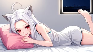 ((1girl)),smile,red eyes,round ears,lion ear,lion tail,pink lips,white hair,white tail,white ears, parted side bangs,ahoge,show forehead, long hair






,white pajamas, night light, dim background,lying on bed,holding shark ,pillow,catching  shark
bedroom