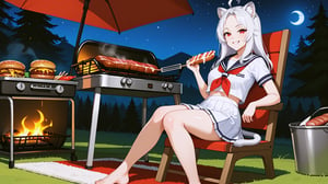 ((1girl)),red eyes,lion tail,lion ears,white hair,
forehead visible,round ears,bangs,Biting meat
sitting on chair,looking the viewer,sailor uniform 
,,moon,grassland,chair on carpet,
 night background,,camping, cat of near,
BBQ,smokey,eat meat,barbecue grill,ice bucket,

ahoge,  tree, chair
,ultra HD, ultra high resolution