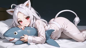 ((1girl)),smile,red eyes,round ears,lion ear,lion tail,pink lips,white hair,white tail,white ears, parted side bangs,ahoge,show forehead, long hair ,masterpiece quality.



,
white pajamas, night light, dim background,lying,holding whole shark plush toy in the arms,,
bedroom,breasts, butt
,shark plush toy,
,