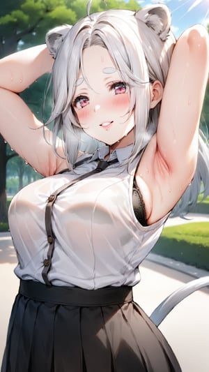 ((1girl)), eyes,round ears,lion ear,lion tail,pink lips,white hair,white tail,white ears, parted side bangs,ahoge,show forehead, long hair ,masterpiece quality,white eyebrows,Thick eyebrows,smile

,,,white shirt,black skirt,Wearing vest ,wearing skirt,white vest,black skirt ,
large sweaty ,smile,Translucent black bra

 ,

park background,pucker lips , long shot,
sunny,standing ,shy ,blush,sun,tree 

,raise army,show armpit
