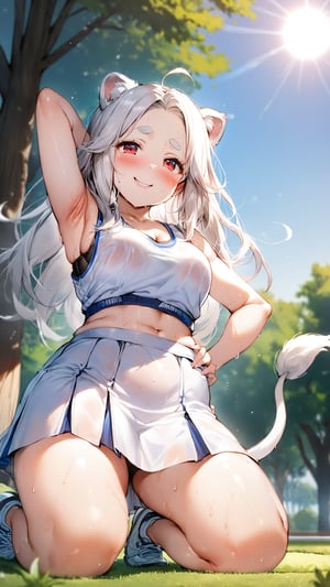 ((1girl)), red eyes,round ears,lion ear,lion tail,pink lips,white hair,white tail,white ears, parted side bangs,ahoge,show forehead, long hair ,masterpiece quality,white eyebrows,Thick eyebrows,smile

,,,white sport vest,white skirt,Wearing sport vest ,wearing skirt, ,
large sweaty ,smile,

 ,

park background,pucker lips , cowboy shot,
sunny,kneeling on carpet ,shy ,blush,sun,tree ,visible black sport bra,underwear,sod

,raise aside army,show armpit,cowboy shot,from below
,Put hand on hips,hair covering ears,