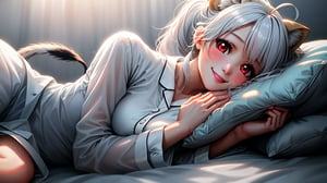 ((1girl)),smile,red eyes,round ears,lion ear,lion tail,pink lips,white hair,white tail,white ears, parted side bangs,ahoge,show forehead, Twin ponytails,






Transparent pajamas,white pajamas, night light, dim background,lying on bed,Pillow
bedroom