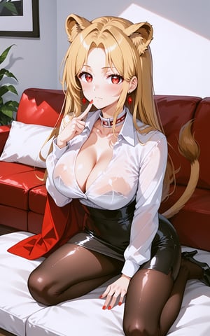 1girl, solo, long hair, looking at viewer, bangs, blond hair, red eyes, animal ears, jewelry, closed mouth, earrings, mole, animal ear fuzz, parted bangs, mole under eye, forehead, breasts, skirt, blonde hair, big breasts, shirt, red eyes, long sleeves, animal ears, cleavage, jewelry, shut up, collarbone, tail, full body, white shirt, tights, miniskirt, black skirt, nail polish, black shoes , high heels, parted bangs, black pantyhose, red nails, forehead, pencil skirt, high waist skirt, arms at sides, white collar girl, lion ears, lion tail, lion girl, skirt, long sleeves, tail, black skirt, black footwear, legs, black pantyhose,oval face

full body,bedroom,whole body,
See-through clothing,sitting on sofa,sofa
blush,Index Finger on mouth,index Finger vertical