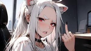 ((1girl)),red eyes,round ears,lion ear,lion tail,pink lips,white hair,white tail,white ears, parted side bangs,ahoge,show forehead,long  hair ,masterpiece quality,black neck belt,white eyebrows,Thick eyebrows,
,white ponytail,,white shirt,show shoulder,Wearing shirt,

in a bad mood ,double middle finger,make fist ,straighten middle finger,looking viewer,close-up,black nails

bedroom ,window background,Disdainful lips , upper body,Disdainful mouth,Show teeth,, 
sitting on office chair,grim expression,squint eyes,

Eyes narrowed likes lines
