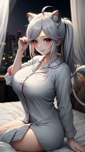 1girl,smile,red eyes,round ears,lion ear,lion tail,pink lips,white hair,white tail,white ears, parted side bangs,ahoge,show forehead, Twin ponytails,
big breasts, 





pajamas, night light, dim background,sitting on bed,
bedroom,