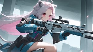 ((1girl)), round ears,lion ear,lion tail,pink lips,white hair,(white tail),white ears, (parted side bangs),ahoge,(show forehead), long hair , thick eyebrows,white eyebrows,)((hair covering ears)), masterpiece quality,blush,,pink lips,(red eyes),valkfl0t3ch,assault rifle,medium full body,(((one leg kneel))),((aim)),Squat,gradriel