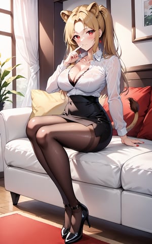 1girl, solo, long hair, looking at viewer, bangs, blond hair, red eyes, animal ears, jewelry, closed mouth, earrings, mole, animal ear fuzz, parted bangs, mole under eye, forehead, breasts, skirt, blonde hair, big breasts, shirt, red eyes, long sleeves, animal ears, cleavage, jewelry, shut up, collarbone, tail, full body, white shirt, tights, miniskirt, black skirt, nail polish, black shoes , high heels, parted bangs, black pantyhose, red nails, forehead, pencil skirt, high waist skirt, arms at sides, white collar girl, lion ears, lion tail, lion girl, skirt, long sleeves, tail, black skirt, black footwear, legs, black pantyhose,oval face

full body,bedroom,whole body,
See-through clothing,sitting on sofa,sofa
blush, index finger on mouth, stopping-talking