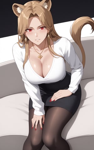 1girl, solo, long hair, looking at viewer, bangs, blond hair, red eyes, jewelry, closed mouth, earrings, mole, animal ear fuzz, parted bangs, mole under eye, portrait , forehead,Breasts, skirt, big boobs, brown hair, long sleeves, cleavage, jewelry, collarbone, black skirt, necklace, sweater, sleeves above wrist, high waisted skirt, brown skirt,white sweater,skirt, long sleeves, tail, pantyhose, miniskirt, black skirt, nail polish, black footwear, legs, black pantyhose, black background, red nails, pencil skirt, lion tail,full body ,round lion ears,

office,see-through,hand between legs,M-leg,,sitting on sofa,black bra, white underwear, blush ,tried,
effluence liquid from legs,sweat profusely,hand between legs,closed eyes, Open mouth, 