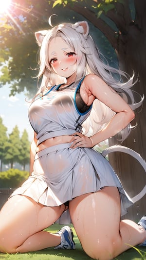 ((1girl)), red eyes,round ears,lion ear,lion tail,pink lips,white hair,white tail,white ears, parted side bangs,ahoge,show forehead, long hair ,masterpiece quality,white eyebrows,Thick eyebrows,smile

,,,white sport vest,white skirt,Wearing sport vest ,wearing skirt, ,
large sweaty ,smile,

 ,

park background,pucker lips , cowboy shot,
sunny,kneeling on carpet ,shy ,blush,sun,tree ,visible black sport bra,underwear,sod

,raise aside army,show armpit,cowboy shot,from below
,Put hand on hips,hair covering ears,