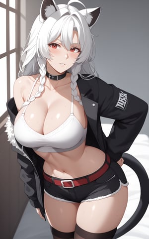 1girl, solo, long hair, looking at the audience, bangs, red eyes, bare shoulders, collarbone, upper body, braids, ahoge,sliver white hair, parted lips, collar, choker, animal ear hair, parted bangs, single Braids, black choker, thick eyebrows, black collar, white eyebrows, long hair, big breasts, big breasts, exposed navel, cleavage,
Long socks, long sleeves, midriff exposed, extra long hair, underwear, briefs, jacket, tail, thighs, boots, cardigan, shorts, mid-rise, belt, black high socks, tummy control, black footwear, High heels, cardigan, black jacket, crop top, shorts, boots, high socks, garters, black shorts, knee-high boots, single high socks, high heel boots, high briefs, stockings, Leopard print shoulders, long hair, collarbone, braids, white hair, cardigan, off the shoulders, belly, coat, fur trim, cardigan, black coat, round lion ears,white bra


bedroom,legs crossed,one eye closed,clothes pull,,
full body sweat,blush, puzzled, Incontinence