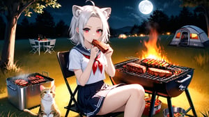 ((1girl)),red eyes,lion tail,lion ears,white hair,
forehead ,round ears,bangs,Biting meat
sitting on chair,looking the viewer,sailor uniform 
,,moon,grassland,chair on carpet,white T-shirt
 night background,,camping,tabby cat of near,
BBQ,smokey,eat meat,barbecue grill,ice bucket,

ahoge,  tree, chair,black short,conspicuous forehead
visible forehead,hair over eye,hair visible eye
,ultra HD, ultra high resolution