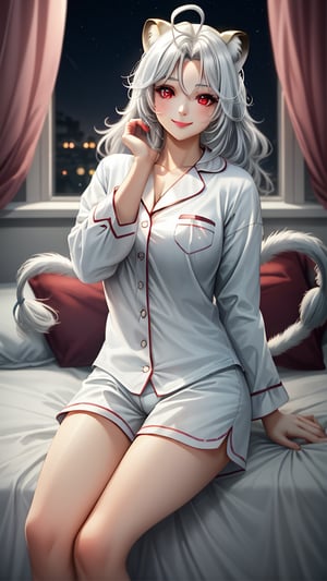 1girl,smile,red eyes,round ears,lion ear,lion tail,pink lips,white hair,white tail,white ears, parted side bangs,ahoge,show forehead,






pajamas, night light, dim background,sitting on bed,
bedroom,