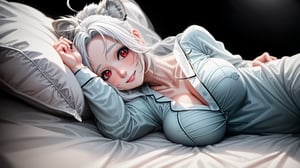 ((1girl)),smile,red eyes,round ears,lion ear,lion tail,pink lips,white hair,white tail,white ears, parted side bangs,ahoge,show forehead, Twin ponytails,
big breasts, 





Transparent pajamas,cyan pajamas, night light, dim background,lying on bed,Pillow
bedroom,