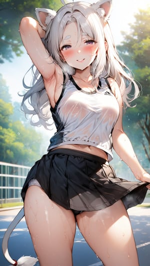 ((1girl)), eyes,round ears,lion ear,lion tail,pink lips,white hair,white tail,white ears, parted side bangs,ahoge,show forehead, long hair ,masterpiece quality,white eyebrows,Thick eyebrows,smile

,,,white sport vest,black skirt,Wearing sport vest ,wearing skirt,black skirt ,
large sweaty ,smile,Safety knickers,

 ,

park background,pucker lips , long shot,Safety knickers
sunny,standing ,shy ,blush,sun,tree ,hide human ears,
visible black sport bra,

,raise aside army,show armpit,cowboy-shot
