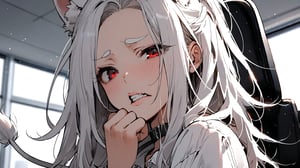 ((1girl)),red eyes,round ears,lion ear,lion tail,pink lips,white hair,white tail,white ears, parted side bangs,ahoge,show forehead,long  hair ,masterpiece quality,black neck belt,white eyebrows,Thick eyebrows,
,white ponytail,,white shirt,show shoulder,Wearing shirt,

in a bad mood , middle finger,make fist ,straighten middle finger,looking viewer,close-up,black nails

bedroom ,window background,Disdainful lips , upper body,Disdainful mouth,Show teeth,, 
sitting on office chair,grim expression,squint eyes,

Eyes narrowed likes lines
