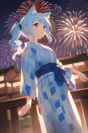 
In a yukata, with light blue hair, cat ears, a side ponytail, fireworks in the background, low angle.
