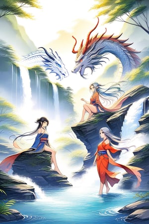 Dragon gods and waterfalls, beautiful girls, 