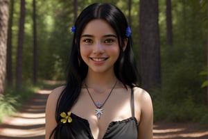 Young woman, black hair, latin features, forest background, wearing a single pendant necklace with a flower, black dress, smiling, (she stands on the right side of the frame:1.4), right hand down, (round eyes:1.4)