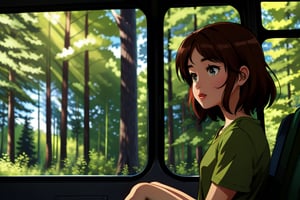 girl sitting on a bus, looks thru the window to the forest environment, short-hair, brown eyes, round eyes, nose, green shirt, short sleeves ,yunjindef