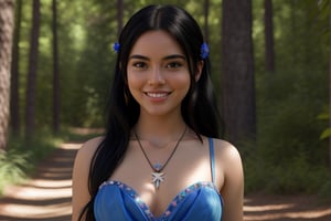 Young woman, black hair, latin features, forest background, wearing a single pendant necklace with a flower, blue dress, smiling, (she stands on the right side of the frame:1.4), right hand down, (round eyes:1.4)