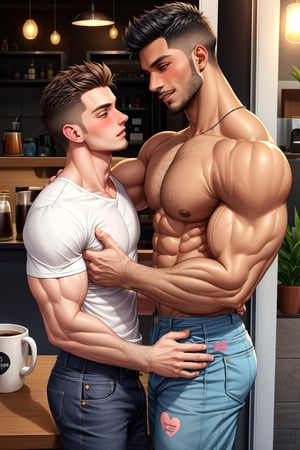 2boys, couple,yaoi, gay, Jhon is a tall, strong and muscular black man, Kai is a small, extremely thin, extremely slender white man, san valentin, hearts, blush_sticker, blush, summer, love, loving, casual clothes, coffee,best quality