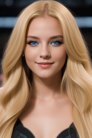 A young woman with long blonde hair, blue eyes and a radiant smile while walking and posing in an evening gala dress on a catwalk