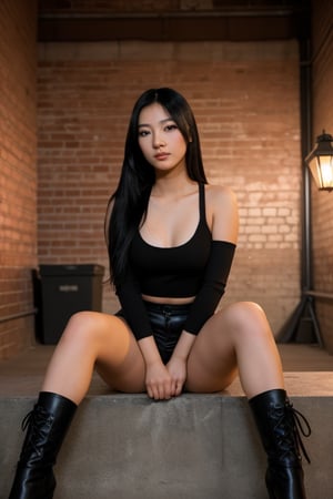 A super sexy young Asian girl with long black hair, black eyes, is sitting posing with both legs open looking towards the camera in an industrial loft with brick walls at night. The image will be realistic and of high quality, with dim lighting coming from lantern lights. The composition will focus on a shot focused on the girl, showing her entire body in a provocative and suggestive pose.