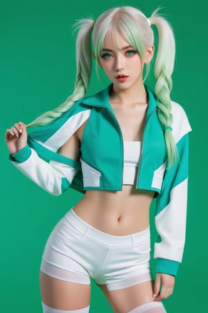 Hizuki,White hair, long hair, green-eyes, futuristic biscay green pantone jacket, crop top, white shorts,pigtails,high stockings,doing a modeling pose while looking at the camera with a sensual look while biting her lip