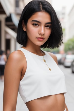 A young influencer girl with black hair, brown eyes and white, tanned skin. The composition will be close-up, focusing on the girl and capturing every detail of her expression and surroundings.